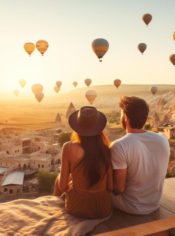 couple-sit-ledge-with-hot-air-balloons-them